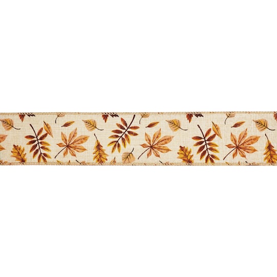 2.5" x 6.6yd. Fall Leaves Wired Faux Linen Ribbon by Celebrate It®